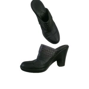 BORN Black Leather clogs mules 3" Heels studded 8 Shoes Bohemian Retro 70's Sexy